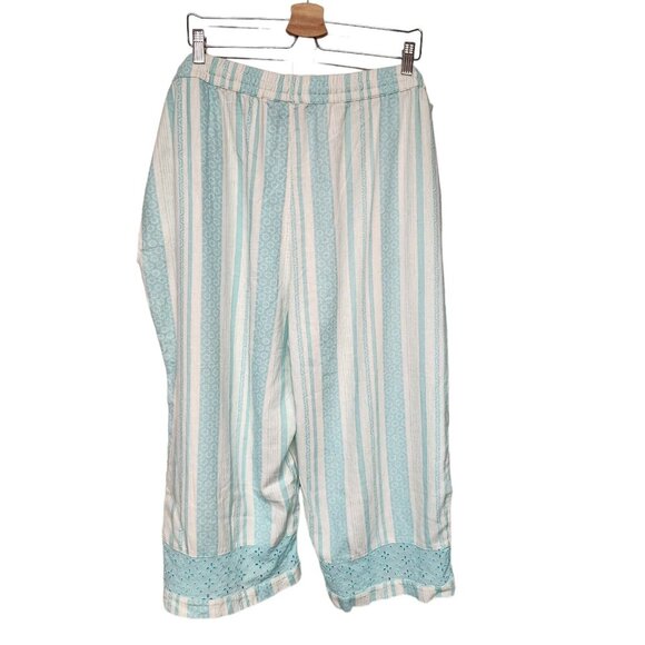 Denim & Co Naturals Linen Blend Crop Pants 2XP Summer Aqua White Eyelet Border - Picture 3 of 5